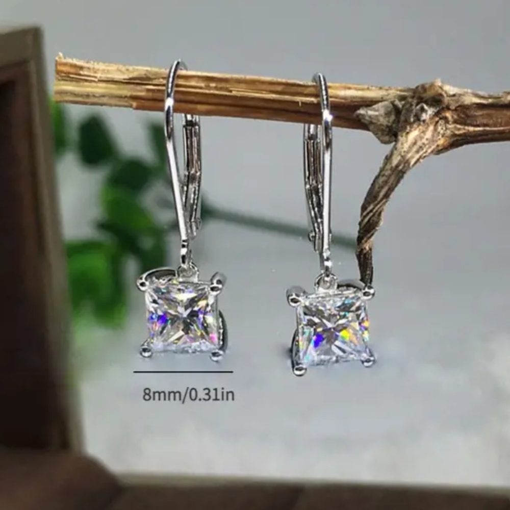 925 Sterling Silver Square Princess Cut Dangle Diamond Earrings